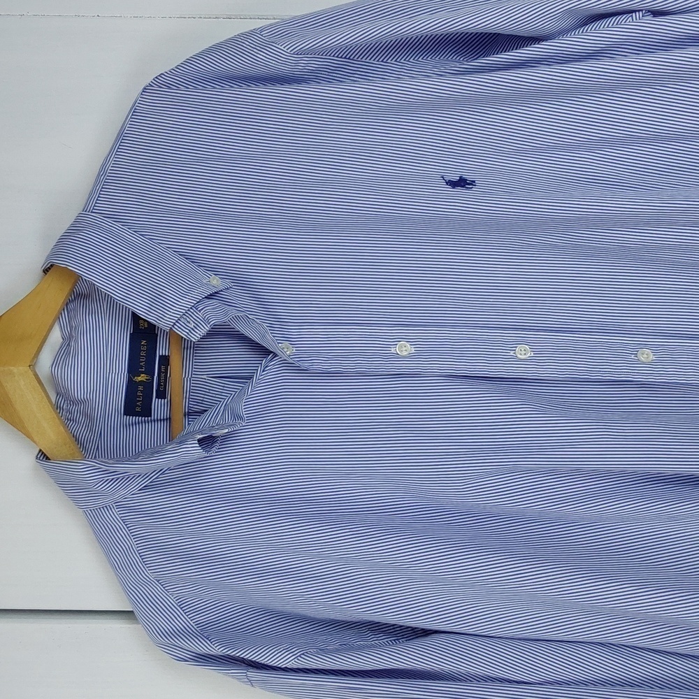 Ralph Lauren|Blue Label Mens Blue Pinstripe Cotton Shirt Preppy Blue PONY Sz.2X